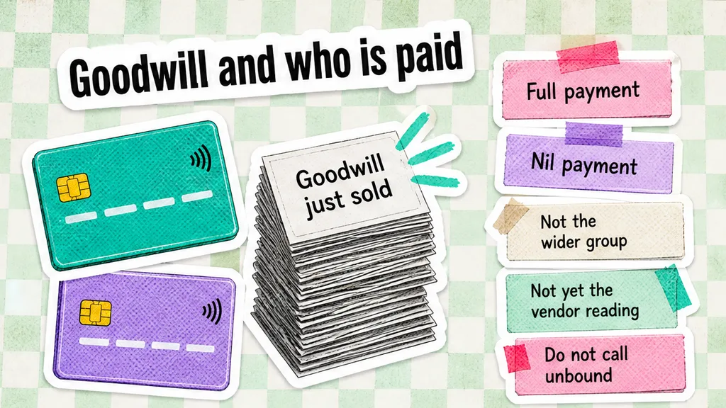 Two payment cards set the goodwill just sold against a full payment and a nil payment, marking the wider group as out and a nil-pay seller as not yet under the vendor reading, beside why the protected interest is the goodwill just sold.