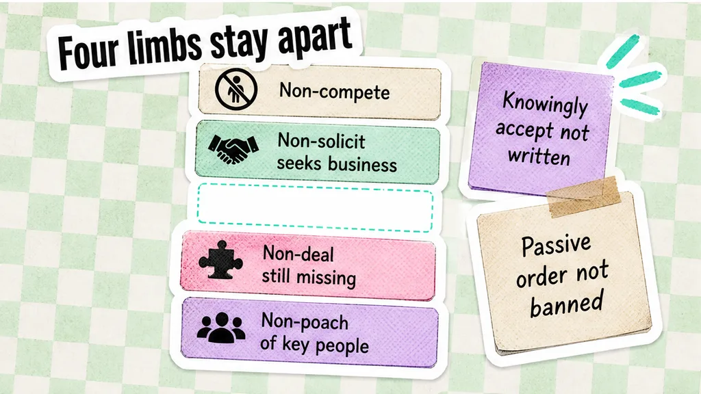 Four separate limb cards for non-compete, a non-solicit that seeks business, a non-deal still missing, and a non-poach of key people, with knowingly accept not written and a passive order not banned, beside how the four restraints stay apart.