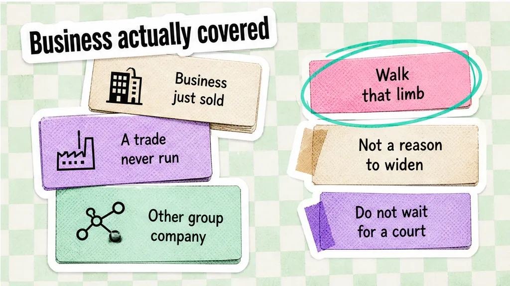A board of the business just sold set against a trade never run and another group company, with walk that limb and do not wait for a court, beside which business the non-compete actually covers.